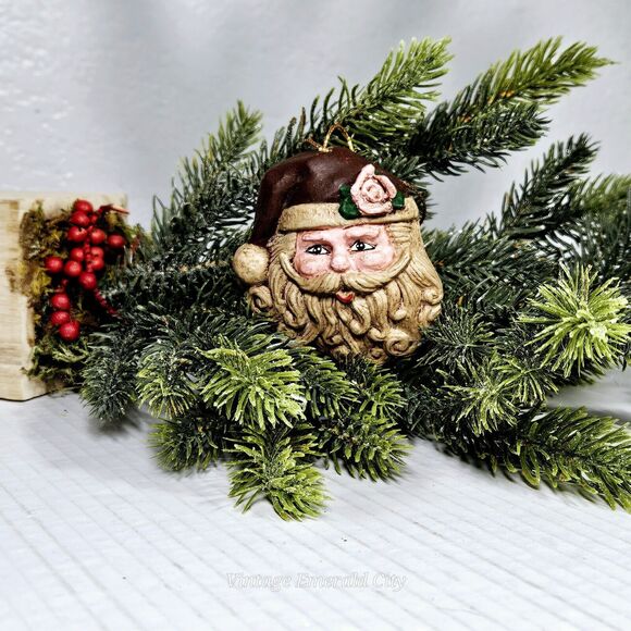 Vtg Christmas 3 “ Handmade Carved Hanging Santa Claus Face Rose Tree Ornament - Picture 4 of 8